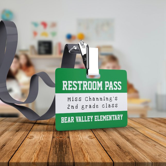 Practical Green White School Restroom Pass ID Badge (Creator Uploaded)