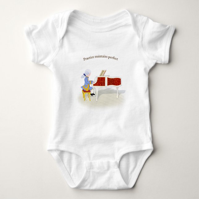 "Practice Maintains Perfect" Mozart Playing Piano Baby Bodysuit (Front)