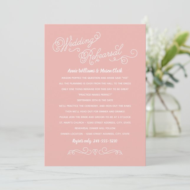Practice Makes Perfect Blush Pink Rehearsal Dinner Invitation (Standing Front)