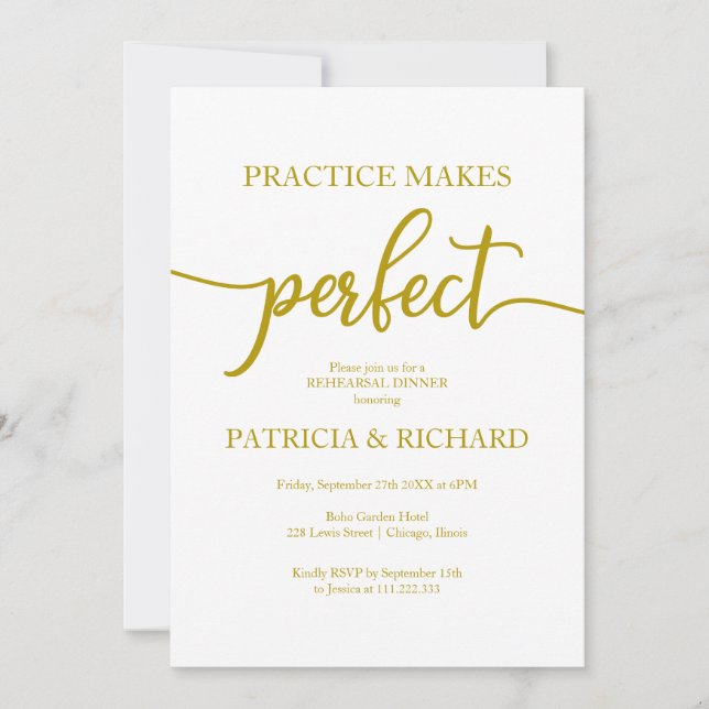 Practice Makes Perfect Gold Rehearsal Dinner Invitation (Front)