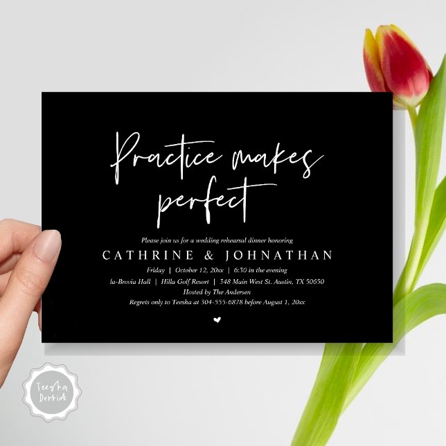 Practice makes perfect, Wedding Rehearsal Dinner Invitation (Practice Makes Perfect, Wedding Rehearsal Dinner Invitation Card, PDF, Modern Casual, Classy Black)