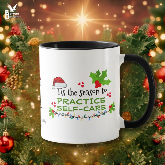 PRACTICE SELF-CARE Christmas Monogram Mug (PRACTICE SELF-CARE Christmas Gift Coffee Mug with customizable text)