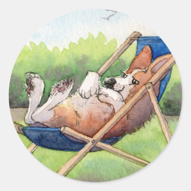 Practising for Summer - Corgi in a Deckchair Classic Round Sticker (Front)