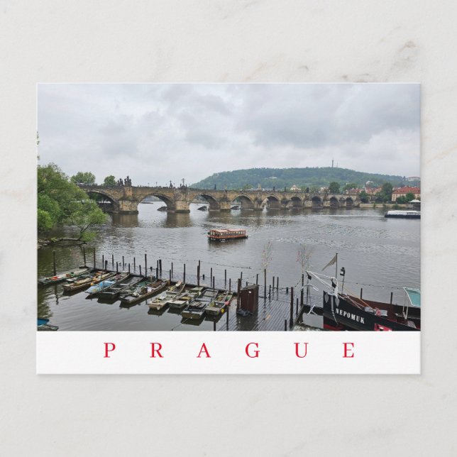 Prague Charles Bridge and boats view postcard (Front)