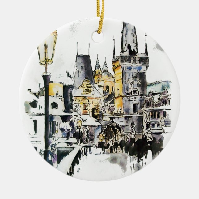 Prague - Charles Bridge Ceramic Tree Decoration (Front)