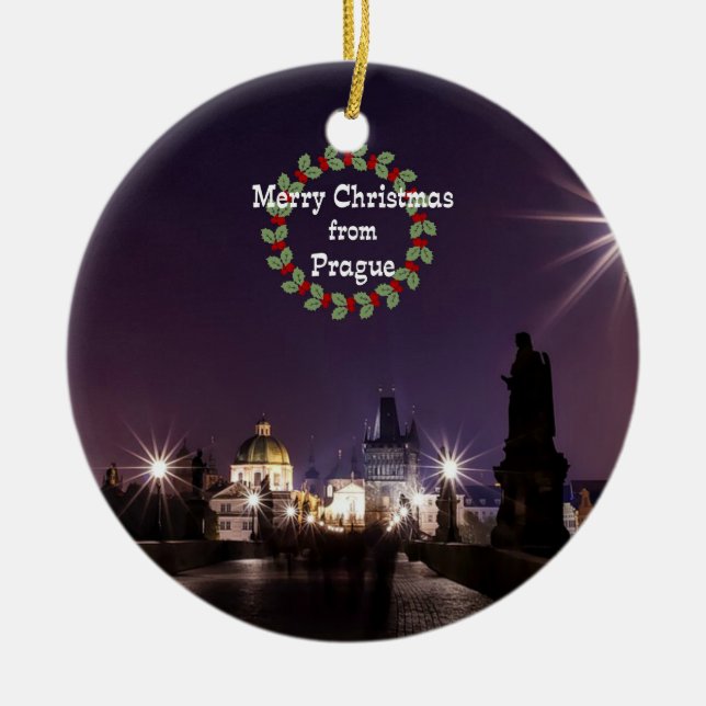 Prague Christmas, cityscape photo Ceramic Tree Decoration (Front)
