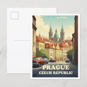 Prague Czech Art Vintage Travel Illustration Postcard