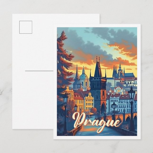 Prague Czech Artistic Travel Illustration Postcard (Front/Back)