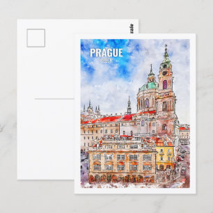 Prague Czech Famous Travel Watercolor Postcard
