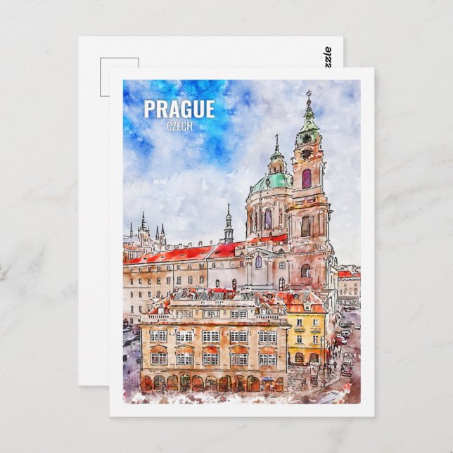 Prague Czech Famous Travel Watercolor Postcard (Front/Back)