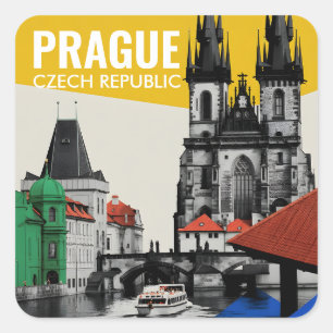 Prague Czech Republic Old Town Skyline Collage Square Sticker