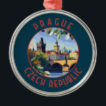 Prague Czech Republic Retro Distressed Circle Metal Ornament<br><div class="desc">Prague retro vector travel design. Prague,  capital city of the Czech Republic,  is bisected by the Vltava River. Nicknamed “the City of a Hundred Spires, ” it's known for its Old Town Square.</div>