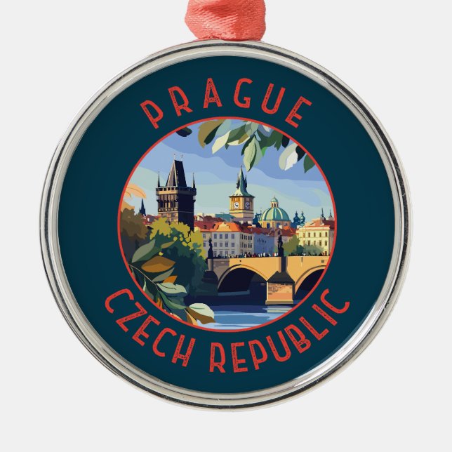 Prague Czech Republic Retro Distressed Circle Metal Ornament (Front)