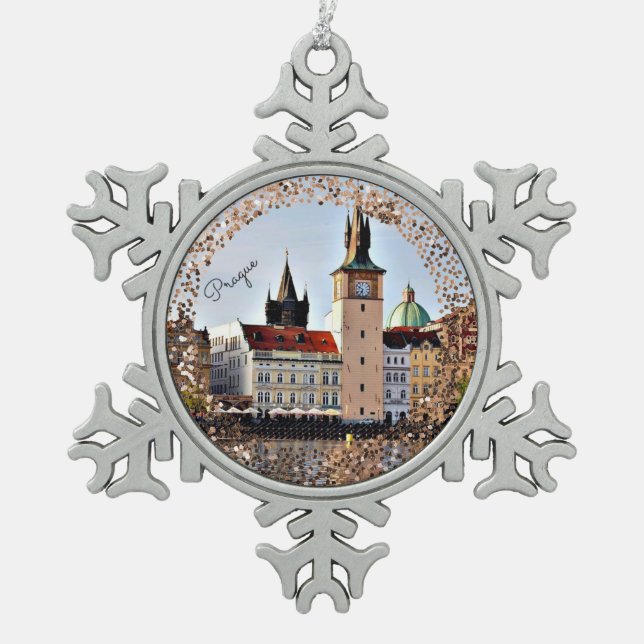 Prague, Czech Republic Snowflake Pewter Christmas  Ornament (Front)