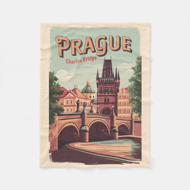 Prague Czech Republic Travel Art Vintage Fleece Blanket (Front)