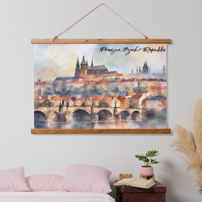 Prague Czech Republic Watercolor Panorama View Hanging Tapestry (Bedroom)
