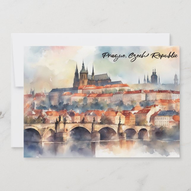 Prague Czech Republic Watercolor Panorama View Invitation (Front)