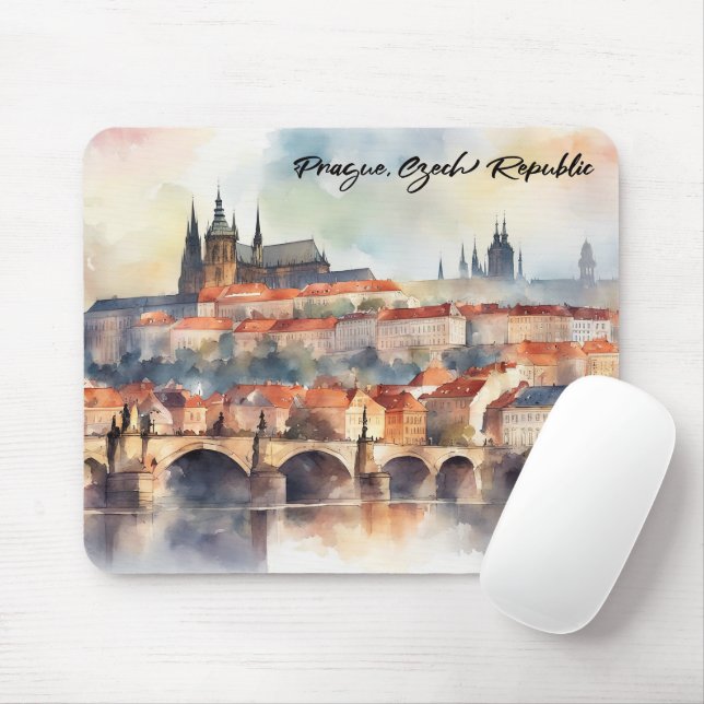 Prague Czech Republic Watercolor Panorama View Mouse Pad (With Mouse)