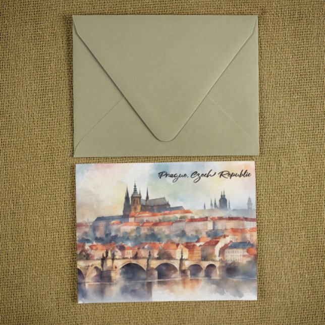 Prague Czech Republic Watercolor Panorama View Postcard (prague czech republic watercolor postcard)