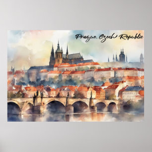 Prague Czech Republic Watercolor Panorama View Poster