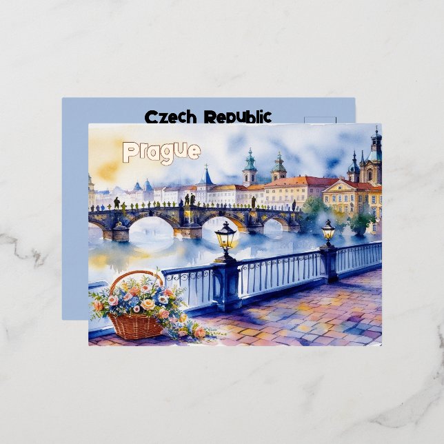 Prague - Czech Republic Watercolor Sketch | Foil Holiday Postcard (Front/Back)