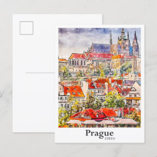 Prague Czech Travel Watercolor Hand Drawn Postcard