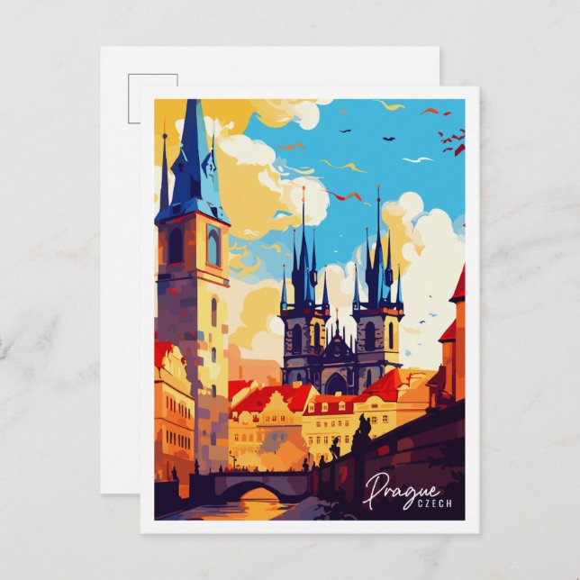 Prague Czech vintage travel illustration Postcard (Front/Back)