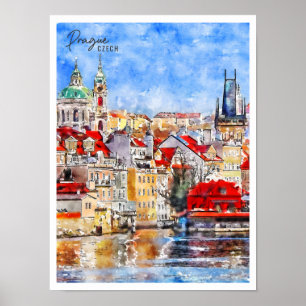 Prague Czech vintage travel watercolor Poster