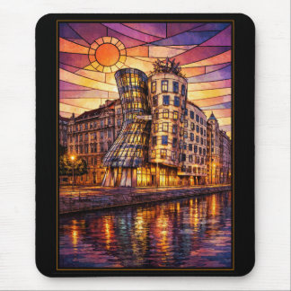 Prague Dancing House Stained Glass Sunset Mouse Pad