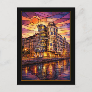 Prague Dancing House Stained Glass Sunset Postcard