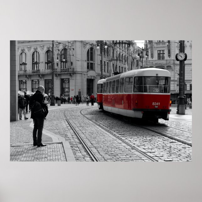 Prague Red Tram Pop: Selective Colour Poster (Front)