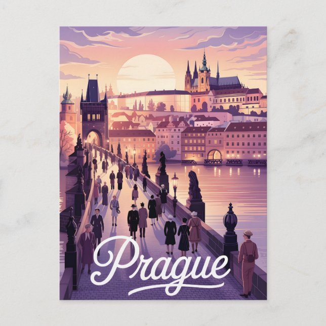 Prague sunset featuring Charles Bridge and castle Postcard (Front)