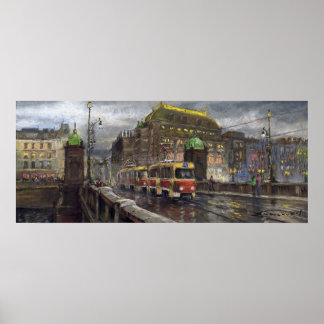 Prague Tram Bridge Legii National Theater Poster