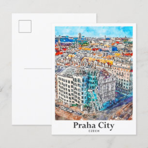 Praha City Czech Travel Watercolor Hand Drawn Postcard