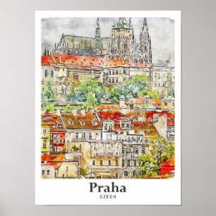 Praha Czech Art Travel Watercolor Hand Drawn Poster