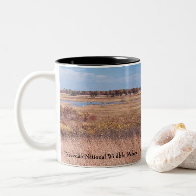 prairie grasses and wetlands at necedah Two-Tone coffee mug (With Donut)