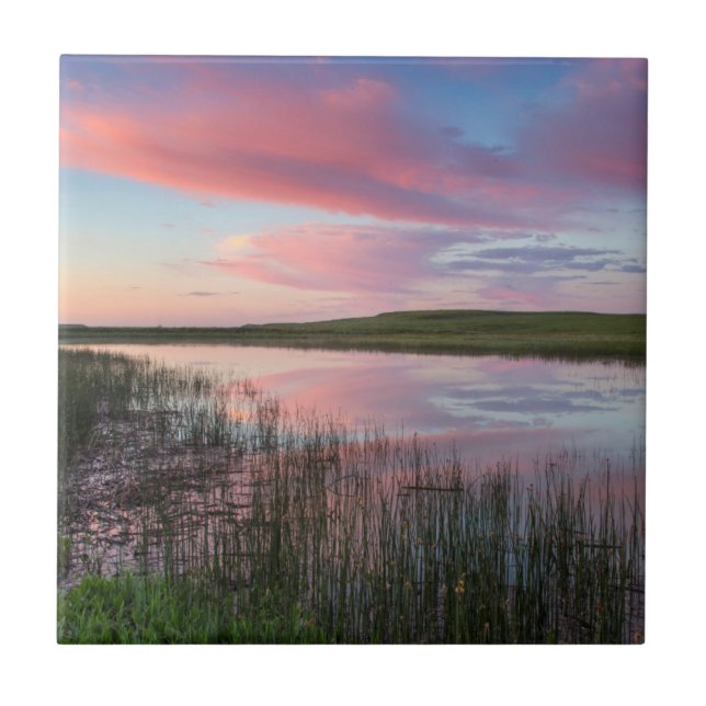 Prairie Pond Reflects Brilliant Sunrise Clouds Ceramic Tile (Front)