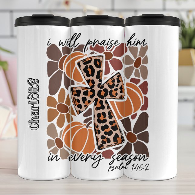 Praise Him Fall Leopard Print Cross Thermal Tumbler (Creator Uploaded)
