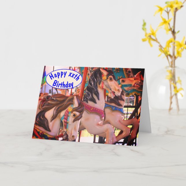 Prancers Carousel Horse Personalised Birthday   Card (Yellow Flower)