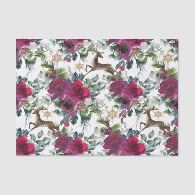 Prancing Deer in Roses and Holly Tissue Paper (Front)