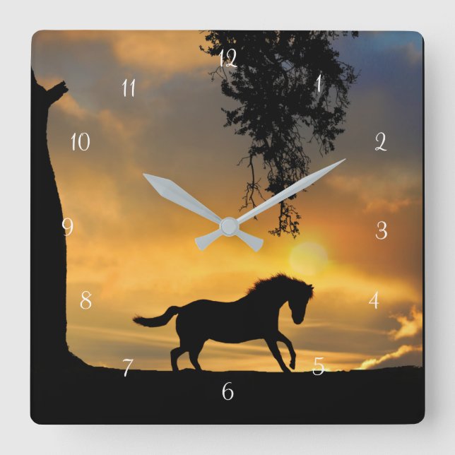 Prancing Horse with Sunset and Oak Tree Nature Square Wall Clock (Front)