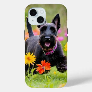 Prancing Scottish Terriers in grass and flowers iPhone 15 Case