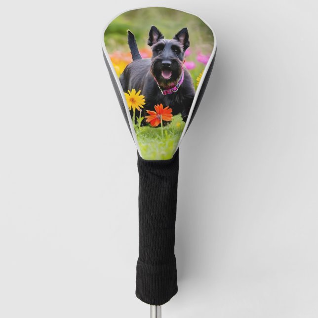 Prancing Scottish Terriers in grass and flowers Golf Head Cover (Front)