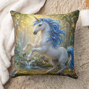 Prancing Unicorn flowing blue mane Cushion