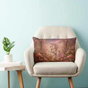Prancing Unicorn in an Enchanted Meadow Lumbar Cushion