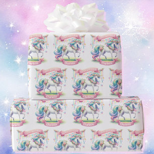 Prancing Unicorn Personalize Girl's Name Birthday Wrapping Paper