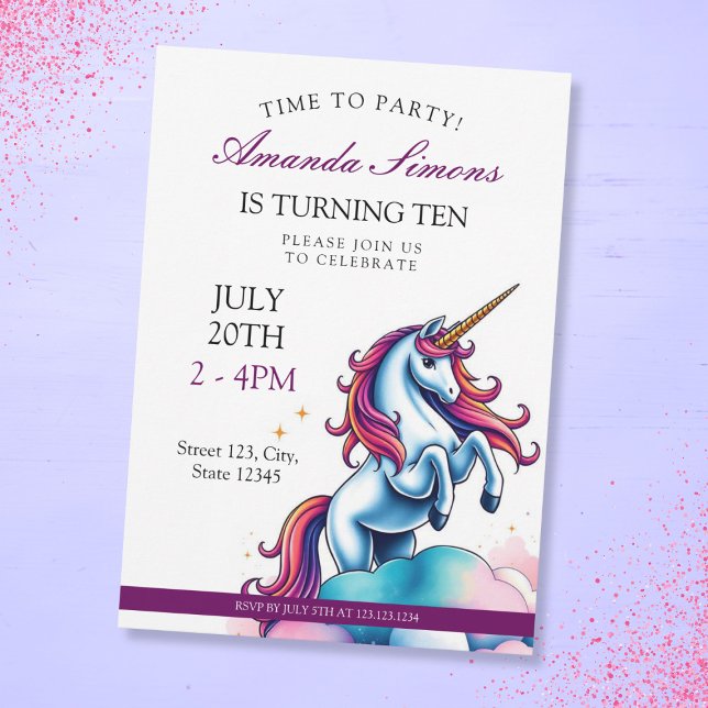 Prancing Unicorn Sparkle Girl 10th Birthday Invitation (Creator Uploaded)