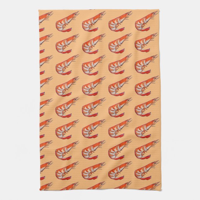 Prawn shrimp seafood kitsch art tea towel (Vertical)