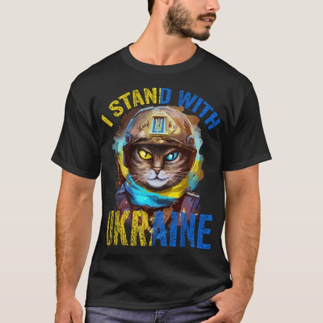 Pray For Support Ukrainian Cat Soldier Stand With  T-Shirt (Front)