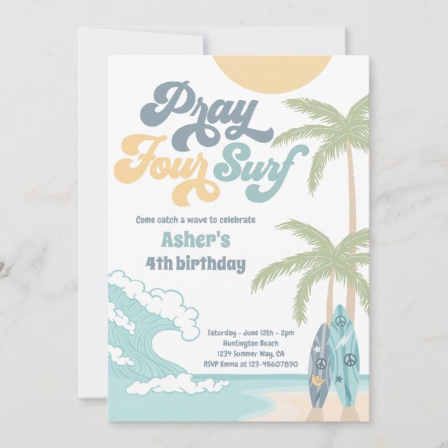 Pray Four Surf Retro Surf Beach 4th Birthday Invitation (Front)